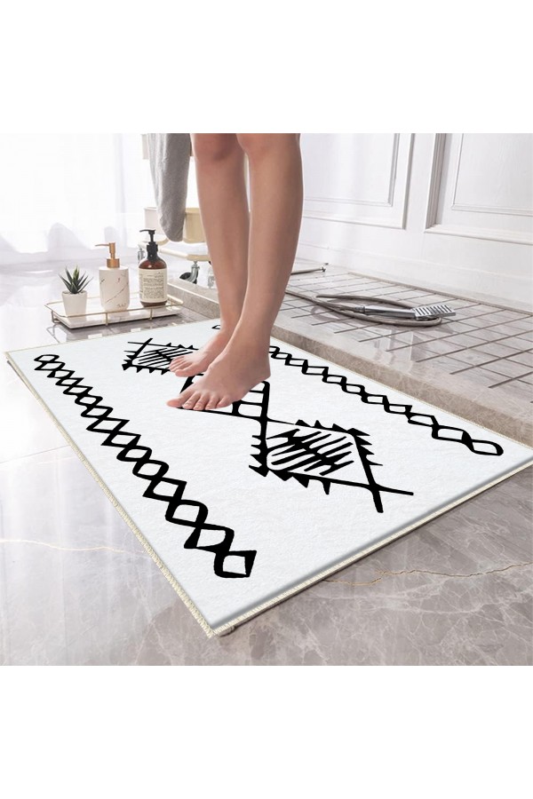 Turuncu Siyah Geometrik Desenli Tekli Banyo Paspas Halısı Kaymaz Yıkanabilir