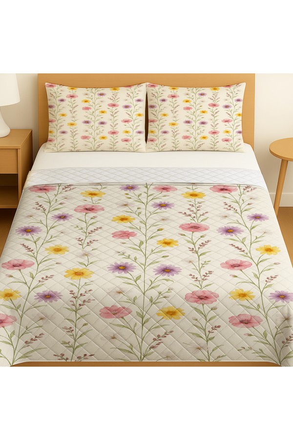Renkli Çiçekler Desenli Çift Kişilik Pike Takımı Yatak Örtüsü Renkli Çiçekler Desenli Çift Kişilik Pike Takımı Yatak Örtüsü