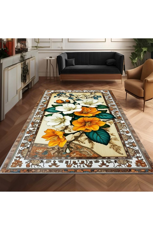 Sarı Beyaz Çiçek Desenli Dokuma Şönil Kilim Halı Yıkanabilir Salon Oturma Odası Mutfak Halısı