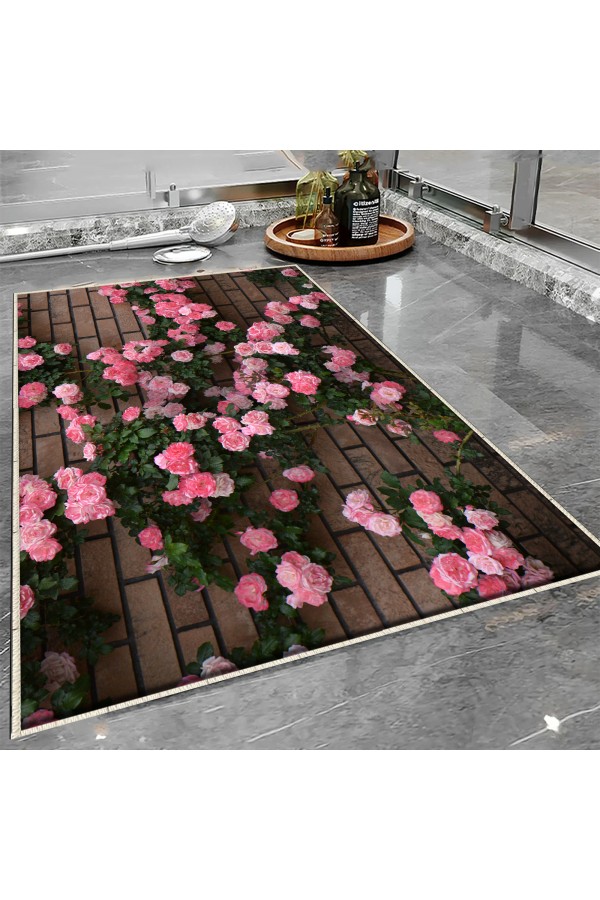 Pembe Sarmaşık Güller Desenli Tekli Banyo Paspas Halısı Kaymaz Yıkanabilir