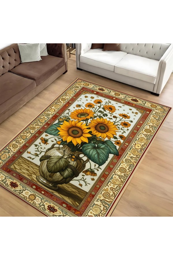 Ay Çiçeği Vazo Desenli Dokuma Şönil Kilim Halı Yıkanabilir Salon Oturma Odası Mutfak Halısı