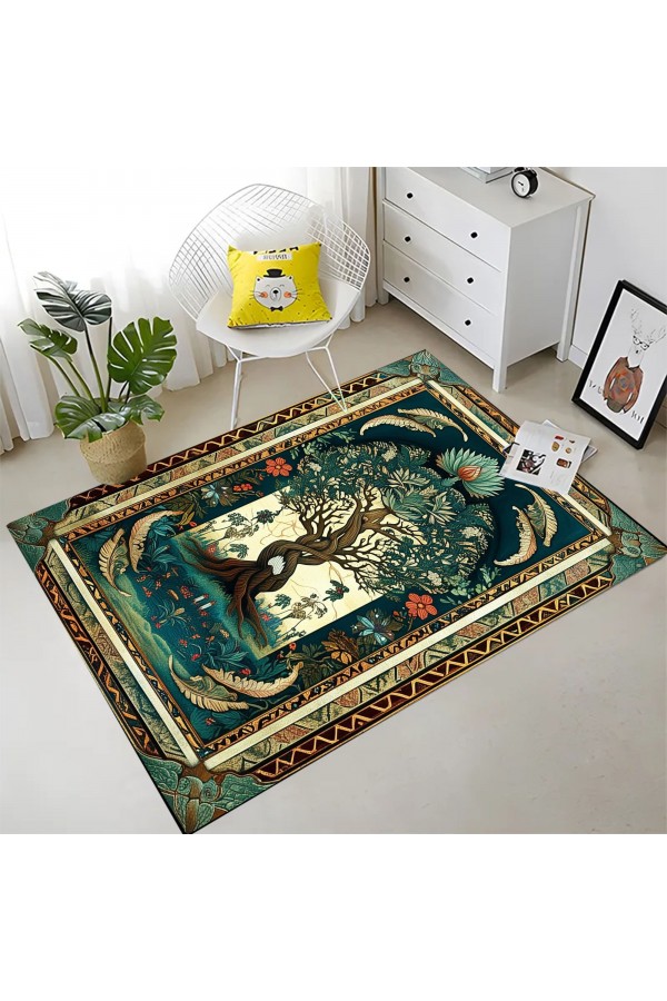 Yaşam Ağacı Desenli Dokuma Şönil Kilim Halı Yıkanabilir Salon Oturma Odası Mutfak Halısı