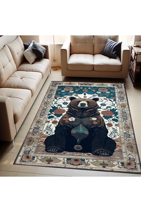 Ayı Avcı Temalı Desenli Dokuma Şönil Kilim Halı Yıkanabilir Salon Oturma Odası Mutfak Halısı