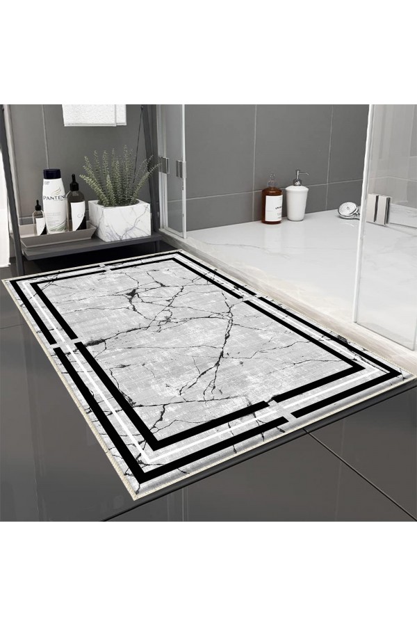 Siyah Beyaz Çizgi Desenli Tekli Banyo Paspas Halısı Kaymaz Yıkanabilir