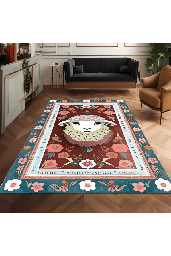 Sevimli Kuzu Desenli Dokuma Şönil Kilim Halı Yıkanabilir Salon Oturma Odası Mutfak Çocuk Halısı
