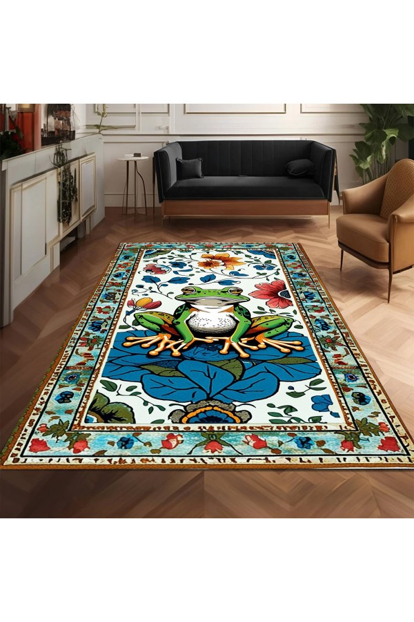 Kurbağa Desenli Dokuma Şönil Kilim Halı Yıkanabilir Salon Oturma Odası Mutfak Halısı