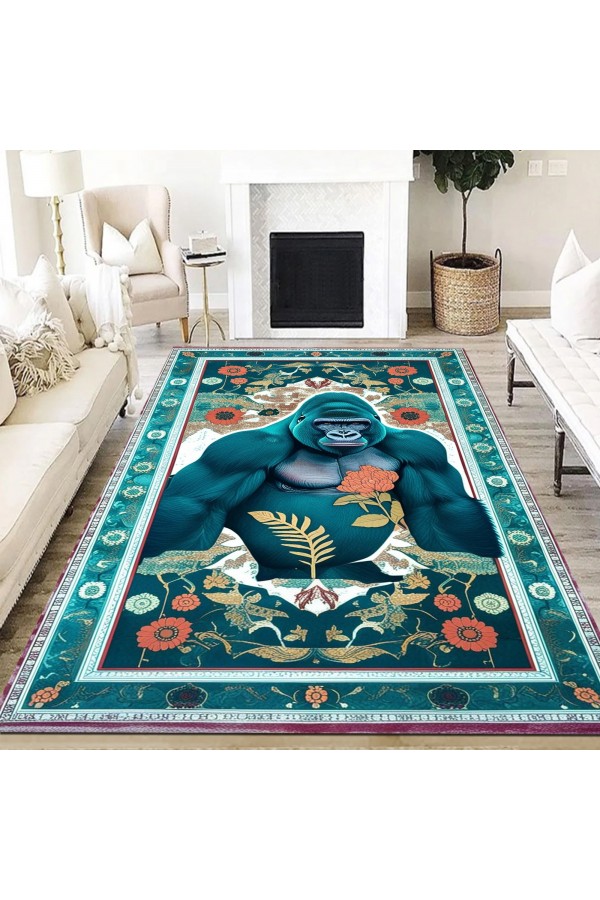 Goril Maymun Desenli Dokuma Şönil Kilim Halı Yıkanabilir Salon Oturma Odası Mutfak Halısı