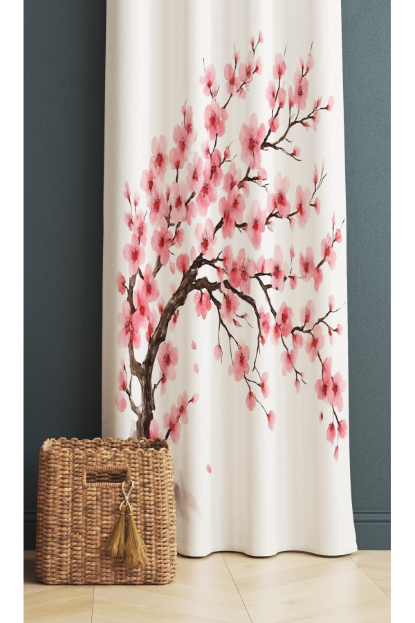Sakura Pembe Çiçekli Ağaç Desenli Dijital Baskı Fon Perde 140x260cm