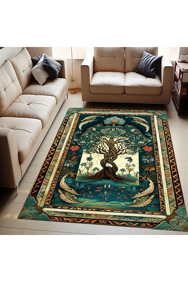 Yaşam Ağacı Desenli Dokuma Şönil Kilim Halı Yıkanabilir Salon Oturma Odası Mutfak Halısı