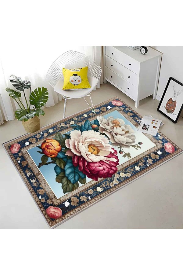 Renkli Çiçekler Güllü Desenli Dokuma Şönil Kilim Halı Yıkanabilir Salon Oturma Odası Mutfak Halısı
