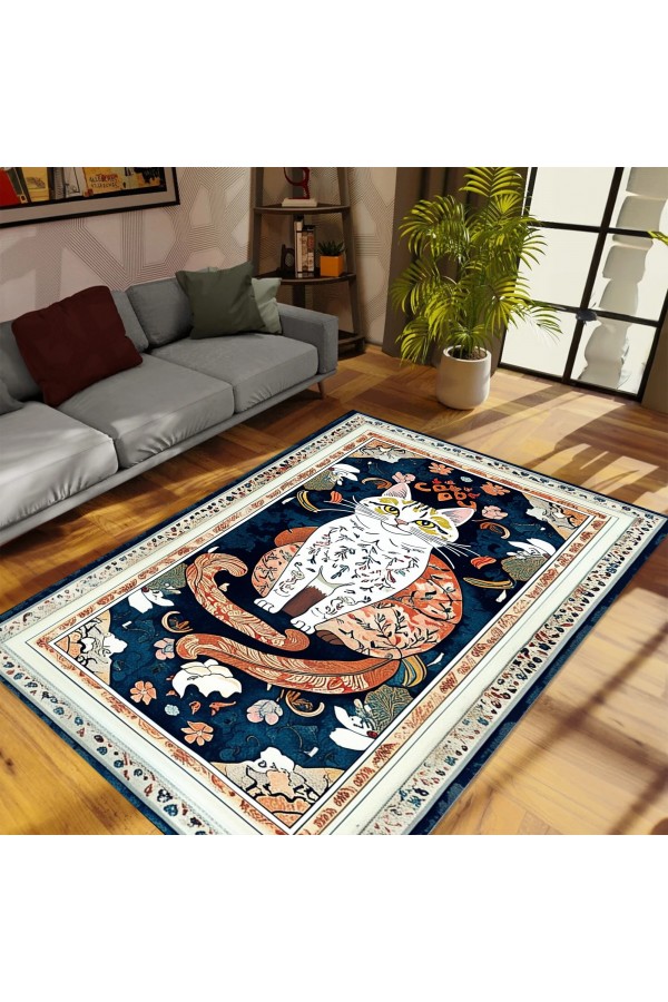 Mistik Kedi Desenli Dokuma Şönil Kilim Halı Yıkanabilir Salon Oturma Odası Mutfak Halısı