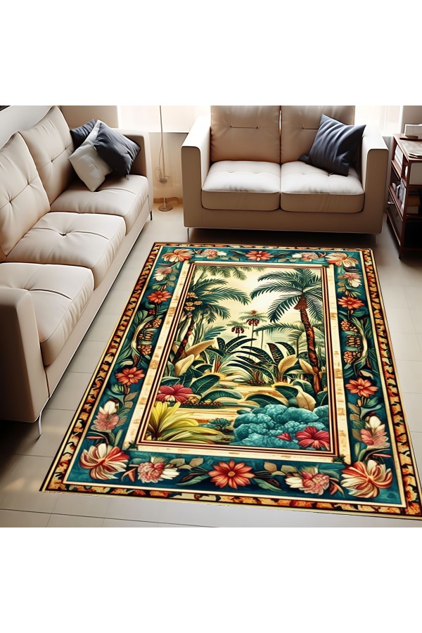 Renkli Tropik Orman Desenli Dokuma Şönil Kilim Halı Yıkanabilir Salon Oturma Odası Mutfak Halısı