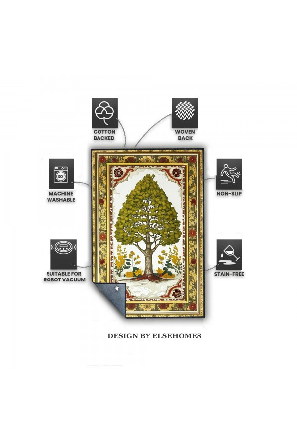 Ağaç Desenli Dokuma Şönil Kilim Halı Yıkanabilir Salon Oturma Odası Mutfak Halısı