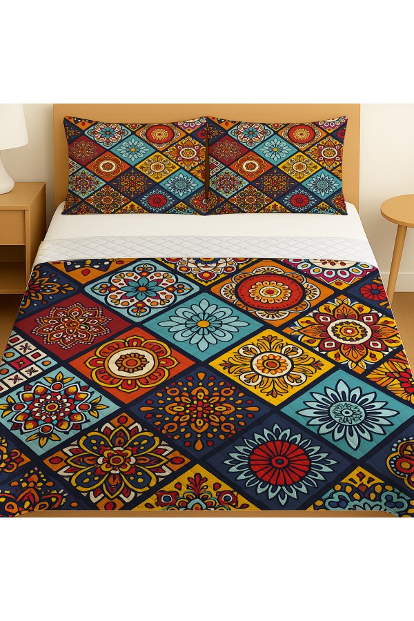 Renkli Karolar Etnik Desenli Çift Kişilik Pike Takımı Yatak Örtüsü Renkli Karolar Etnik Desenli Çift Kişilik Pike Takımı Yatak Örtüsü