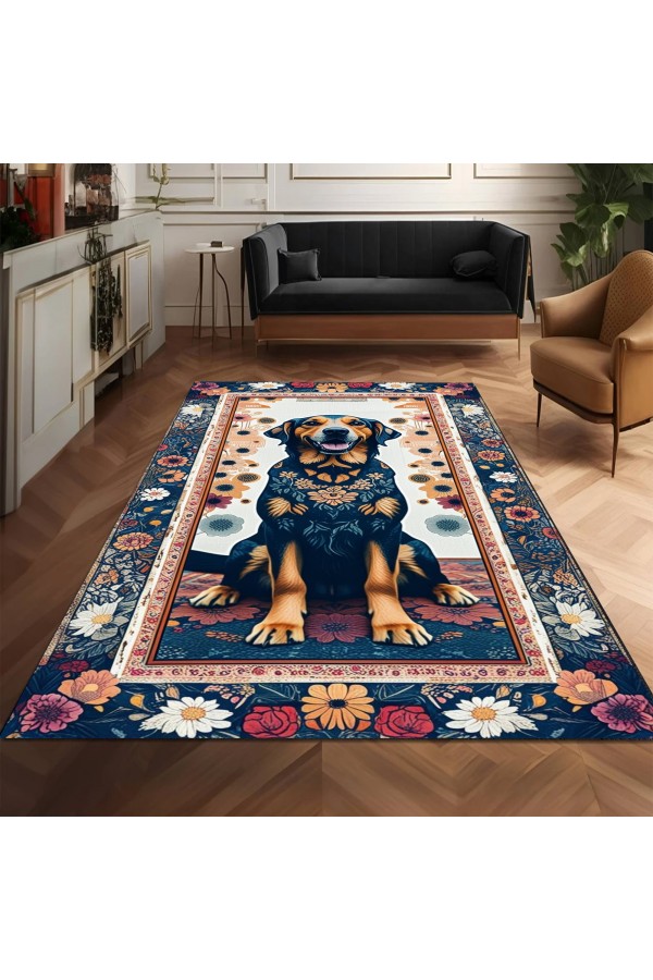 Renkli Köpek Desenli Dokuma Şönil Kilim Halı Yıkanabilir Salon Oturma Odası Mutfak Halısı