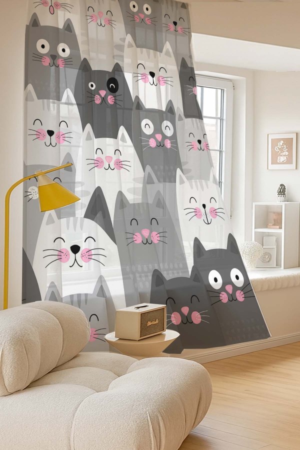 Gri Beyaz Kediler Desenli Dijital Baskı Fon Perde Salon Mutfak Yatak Odası 140x260cm Gri Beyaz Kediler Desenli Dijital Baskı Fon Perde Salon Mutfak Yatak Odası 140x260cm