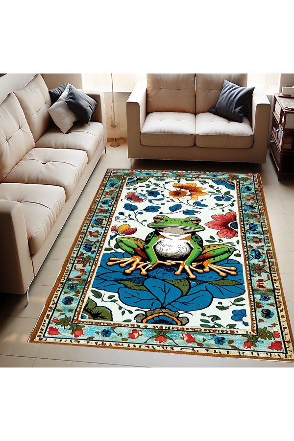Kurbağa Desenli Dokuma Şönil Kilim Halı Yıkanabilir Salon Oturma Odası Mutfak Halısı