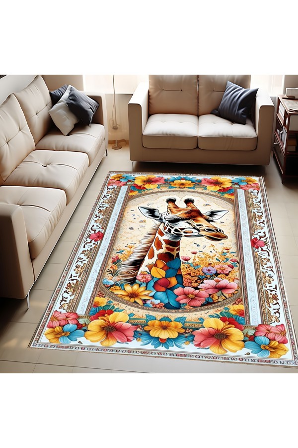 Zürafa Çiçek Desenli Dokuma Şönil Kilim Halı Yıkanabilir Salon Oturma Odası Mutfak Halısı