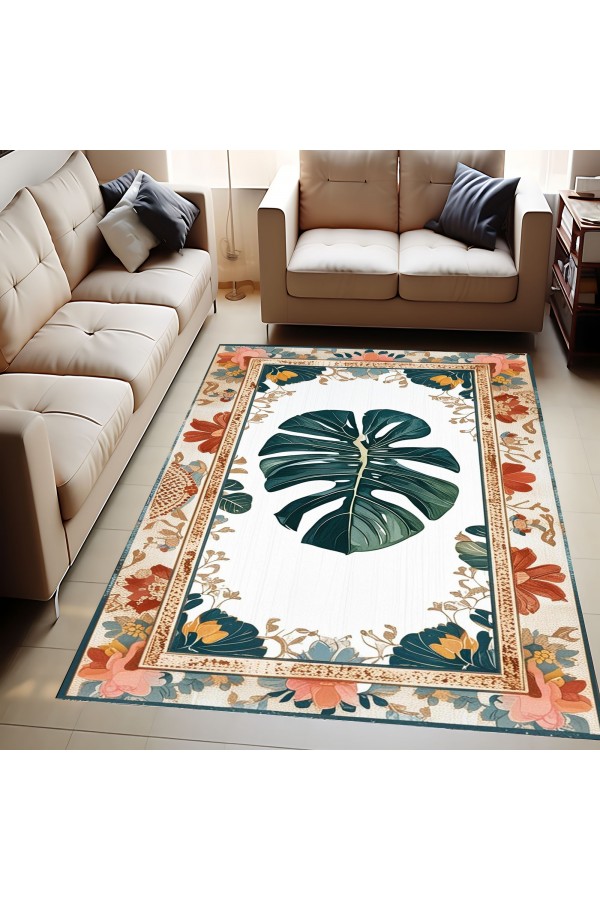 Deve Tabanı Yaprak Desenli Dokuma Şönil Kilim Halı Yıkanabilir Salon Oturma Odası Mutfak Halısı
