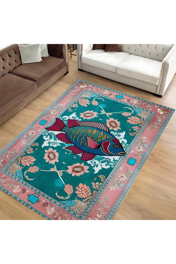 Retro Balık Desenli Dokuma Şönil Kilim Halı Yıkanabilir Salon Oturma Odası Mutfak Halısı