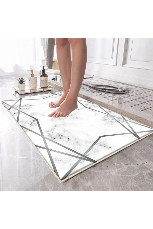 Sarı Çizgi Mermer Desenli Tekli Banyo Paspas Halısı Kaymaz Yıkanabilir