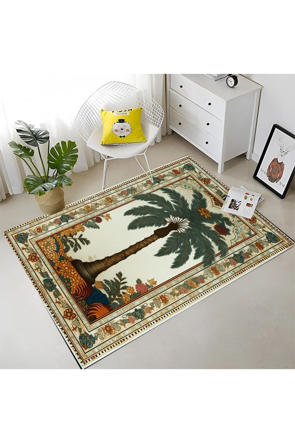 Palmiye Ağaç Desenli Dokuma Şönil Kilim Halı Yıkanabilir Salon Oturma Odası Mutfak Halısı