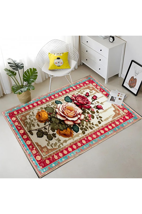 Renkli Retro Çiçek Desenli Dokuma Şönil Kilim Halı Yıkanabilir Salon Oturma Odası Mutfak Halısı