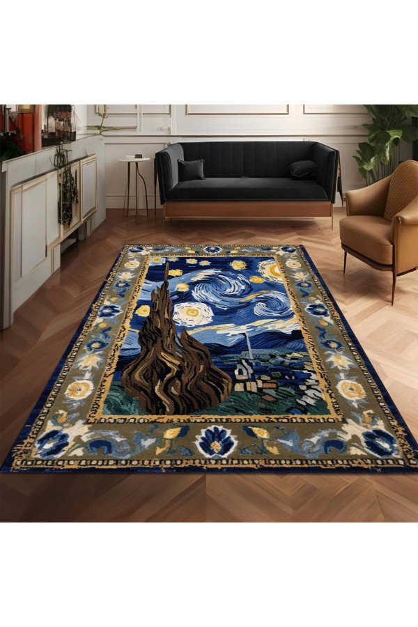 Van Gogh Yıldızlı Geceler Tablo Desenli Dokuma Şönil Kilim Halı Yıkanabilir Salon Oturma Odası Mutfak Halısı Van Gogh Yıldızlı Geceler Tablo Desenli Dokuma Şönil Kilim Halı Yıkanabilir Salon Oturma Odası Mutfak Halısı