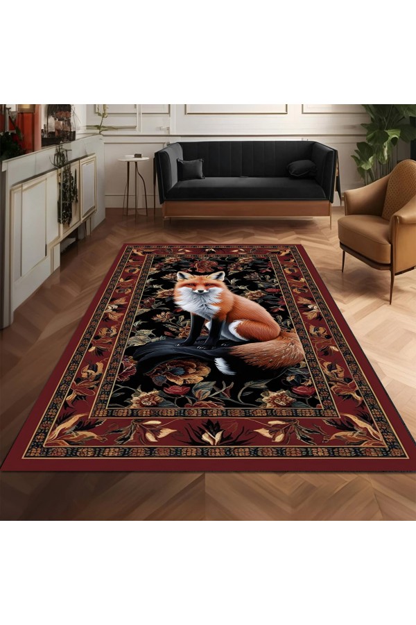 Tilki Hayvan Desenli Dokuma Şönil Kilim Halı Yıkanabilir Salon Oturma Odası Mutfak Halısı