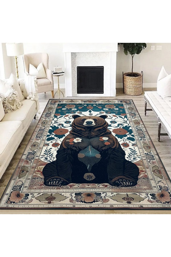 Ayı Avcı Temalı Desenli Dokuma Şönil Kilim Halı Yıkanabilir Salon Oturma Odası Mutfak Halısı