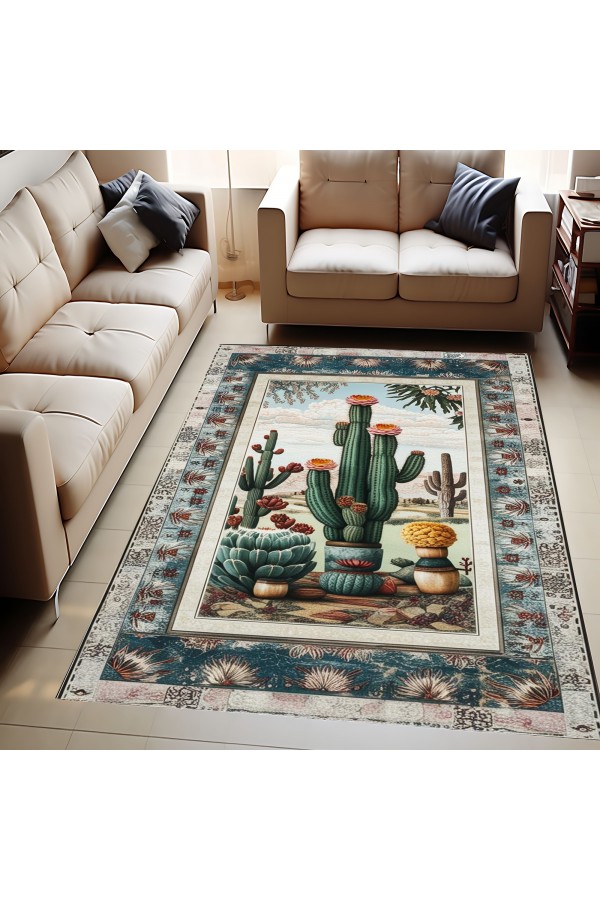 Kaktüs Vahşi Batı Desenli Dokuma Şönil Kilim Halı Yıkanabilir Salon Oturma Odası Mutfak Halısı