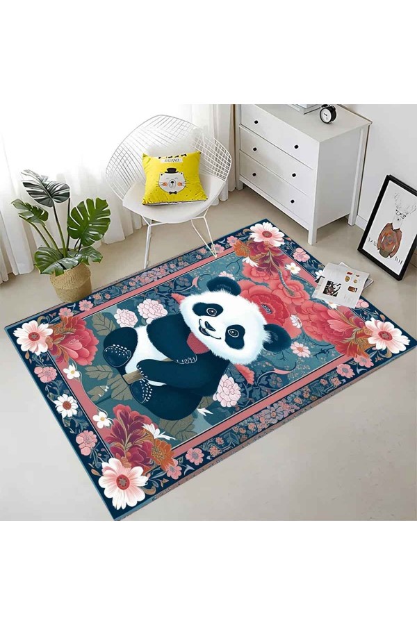 Renkli Panda Desenli Dokuma Şönil Kilim Halı Yıkanabilir Salon Oturma Odası Mutfak Halısı