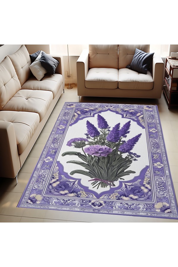 Mor Lavanta Desenli Dokuma Şönil Kilim Halı Yıkanabilir Salon Oturma Odası Mutfak Halısı