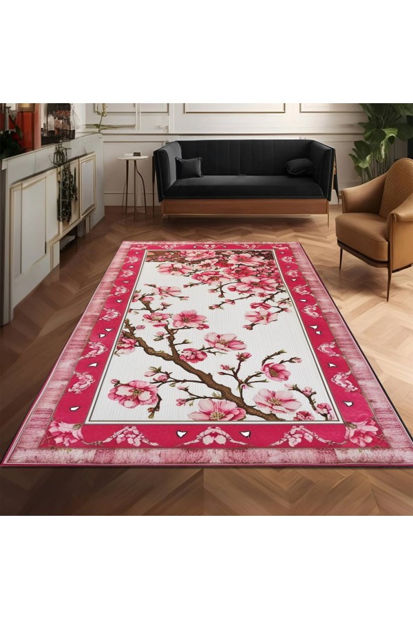 Pembe Sakura Ağaç Çiçek Desenli Dokuma Şönil Kilim Halı Yıkanabilir Salon Oturma Odası Mutfak Halısı