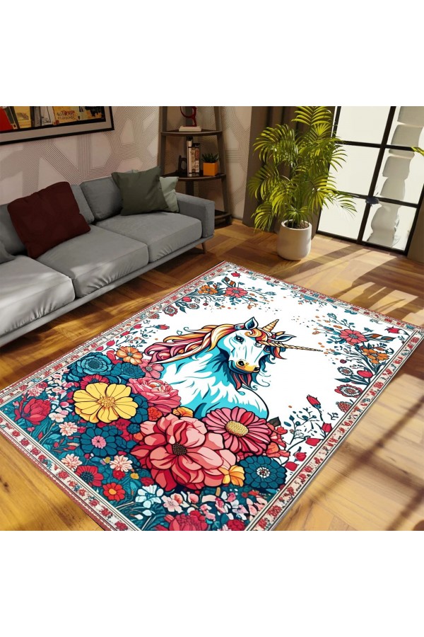 Unicorn Çocuk Desenli Dokuma Şönil Kilim Halı Yıkanabilir Salon Oturma Odası Çocuk Mutfak Halısı