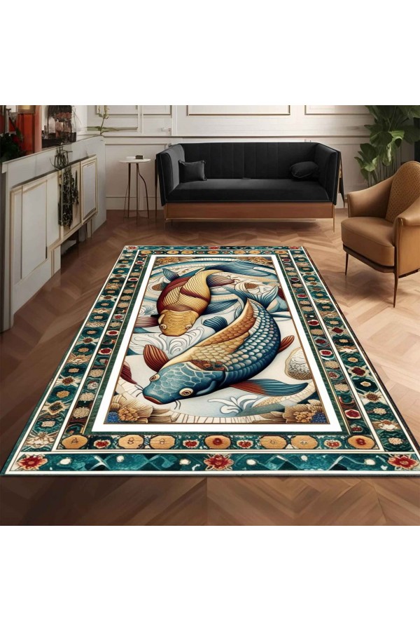 Renkli Balık Desenli Dokuma Şönil Kilim Halı Yıkanabilir Salon Oturma Odası Mutfak Halısı