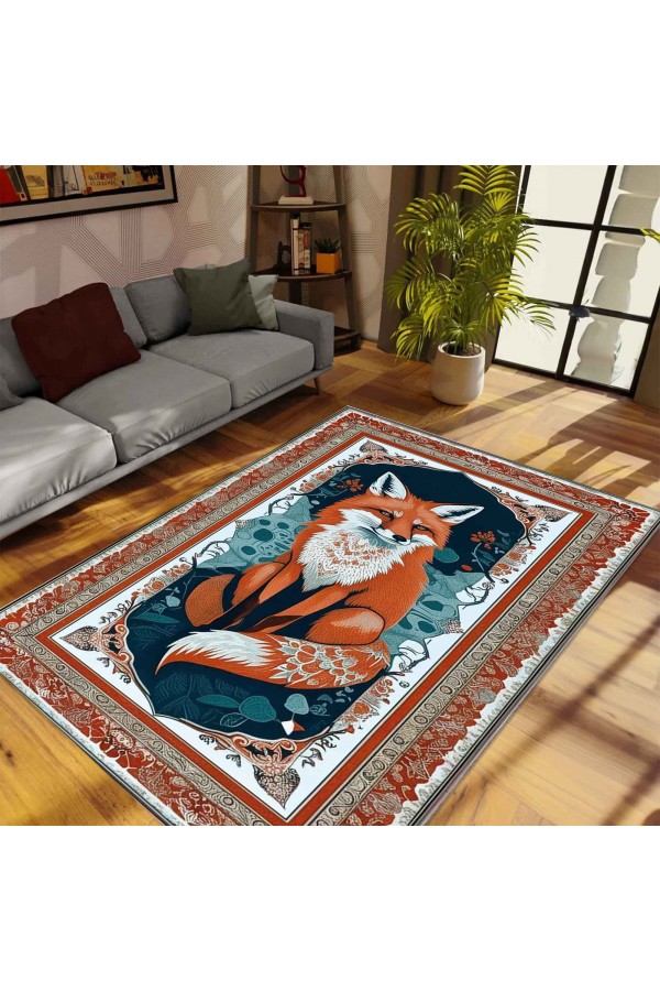 Turuncu Tilki Desenli Dokuma Şönil Kilim Halı Yıkanabilir Salon Oturma Odası Mutfak Halısı