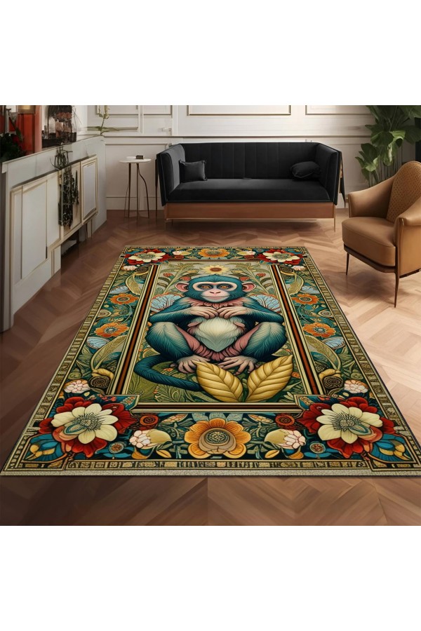 Sevimli Maymun Desenli Dokuma Şönil Kilim Halı Yıkanabilir Salon Oturma Odası Mutfak Halısı