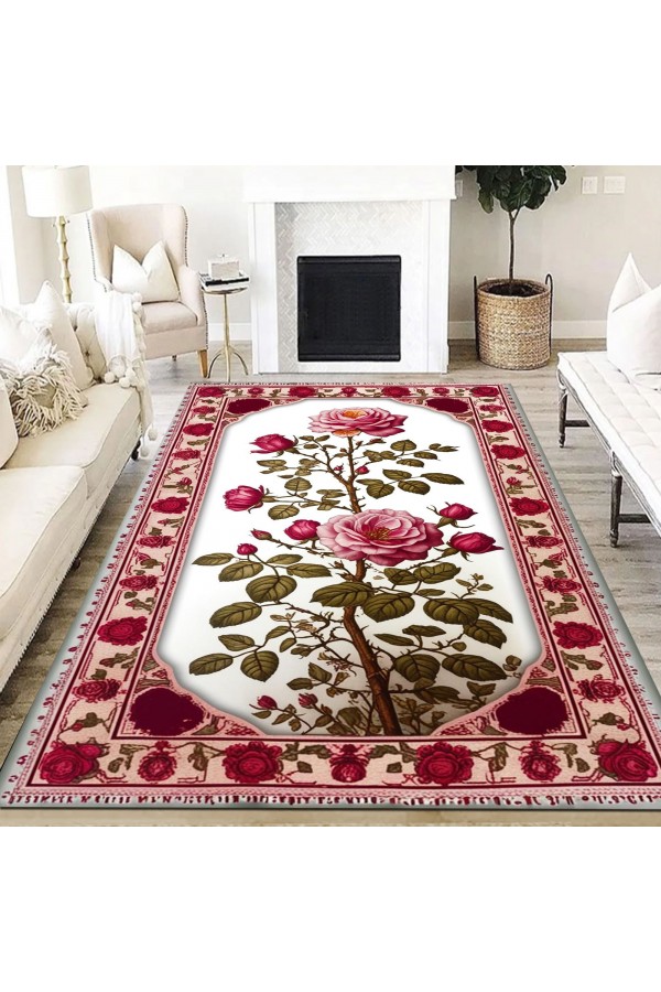 Pembe Gül Çiçek Desenli Dokuma Şönil Kilim Halı Yıkanabilir Salon Oturma Odası Mutfak Halısı