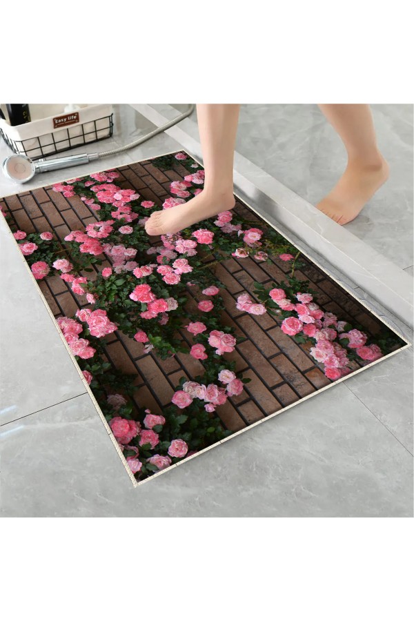 Pembe Sarmaşık Güller Desenli Tekli Banyo Paspas Halısı Kaymaz Yıkanabilir