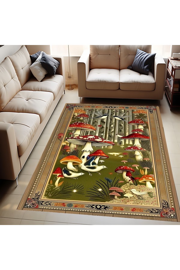 Mantar Orman Desenli Dokuma Şönil Kilim Halı Yıkanabilir Salon Oturma Odası Mutfak Halısı
