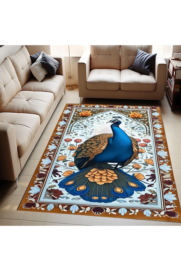 Tavus Kuşu Desenli Dokuma Şönil Kilim Halı Yıkanabilir Salon Oturma Odası Mutfak Halısı