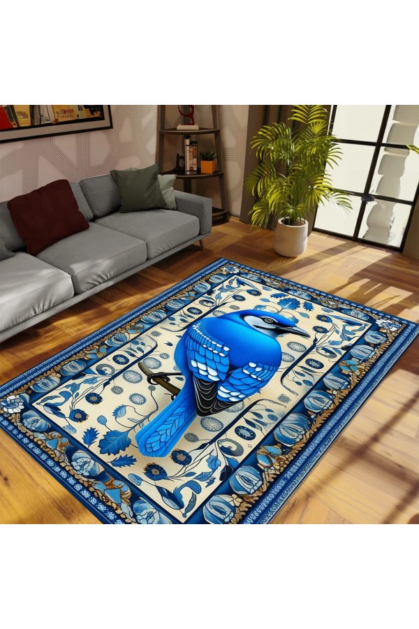 Mavi Kuş Desenli Dokuma Şönil Kilim Halı Yıkanabilir Salon Oturma Odası Mutfak Halısı