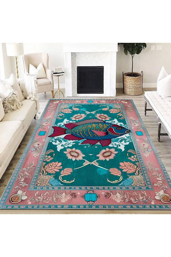 Retro Balık Desenli Dokuma Şönil Kilim Halı Yıkanabilir Salon Oturma Odası Mutfak Halısı