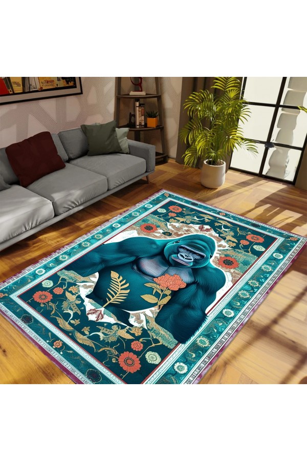Goril Maymun Desenli Dokuma Şönil Kilim Halı Yıkanabilir Salon Oturma Odası Mutfak Halısı
