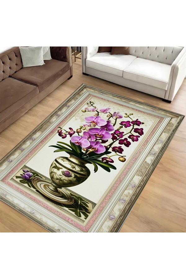 Mor Orkide Desenli Dokuma Şönil Kilim Halı Yıkanabilir Salon Oturma Odası Mutfak Halısı