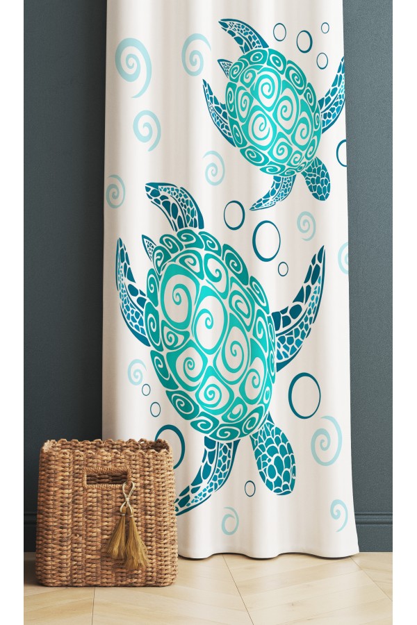 Turkuaz Caretta Kaplumbağa Desenli Dijital Baskı Fon Perde 140x260cm
