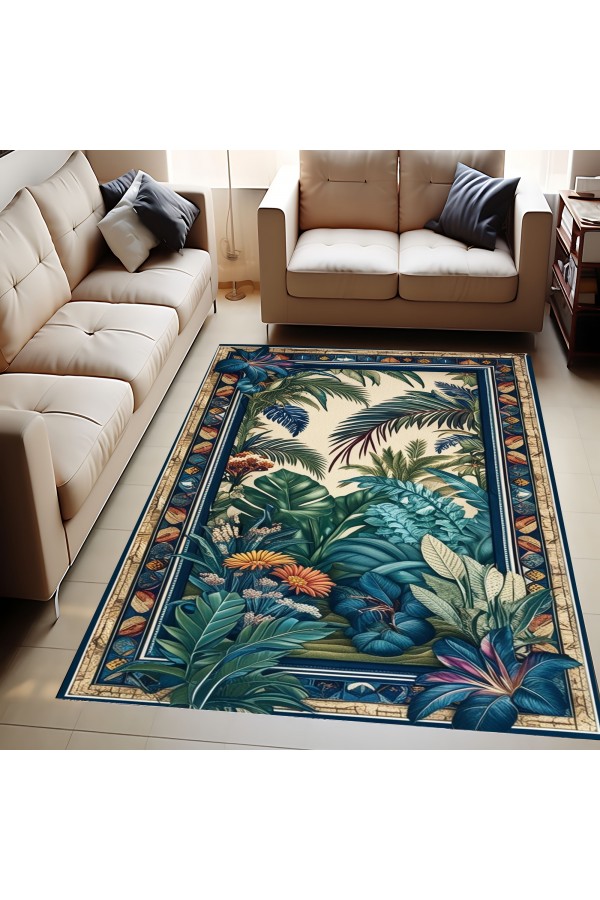 Tropikal Orman Desenli Dokuma Şönil Kilim Halı Yıkanabilir Salon Oturma Odası Mutfak Halısı