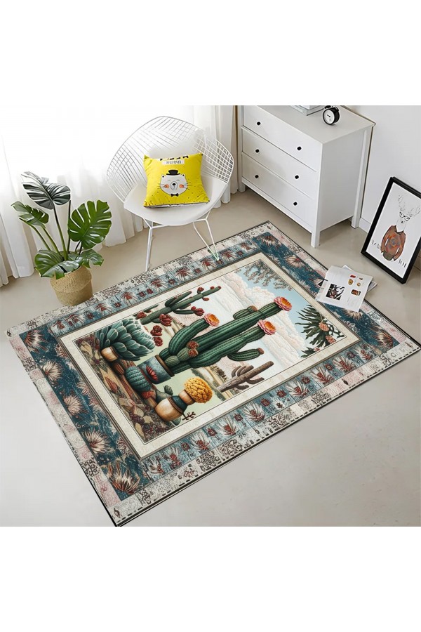 Kaktüs Vahşi Batı Desenli Dokuma Şönil Kilim Halı Yıkanabilir Salon Oturma Odası Mutfak Halısı