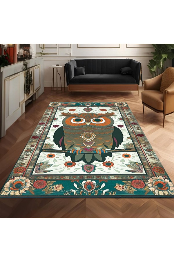 Baykuş Desenli Dokuma Şönil Kilim Halı Yıkanabilir Salon Oturma Odası Mutfak Halısı